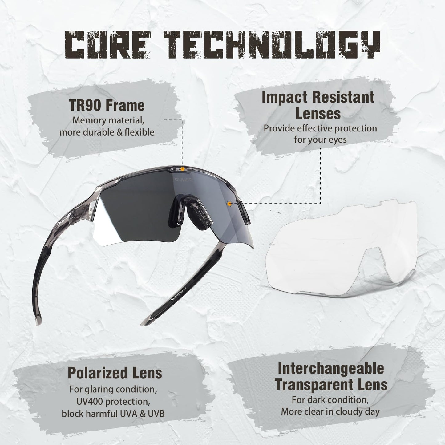 OUWOR Polarized Cycling Glasses for Men Women Youth, UV400 Mountain Bike Sunglasses for Bicycle Mtb Running Fishing Baseball Hiking (Translucent & Gray)