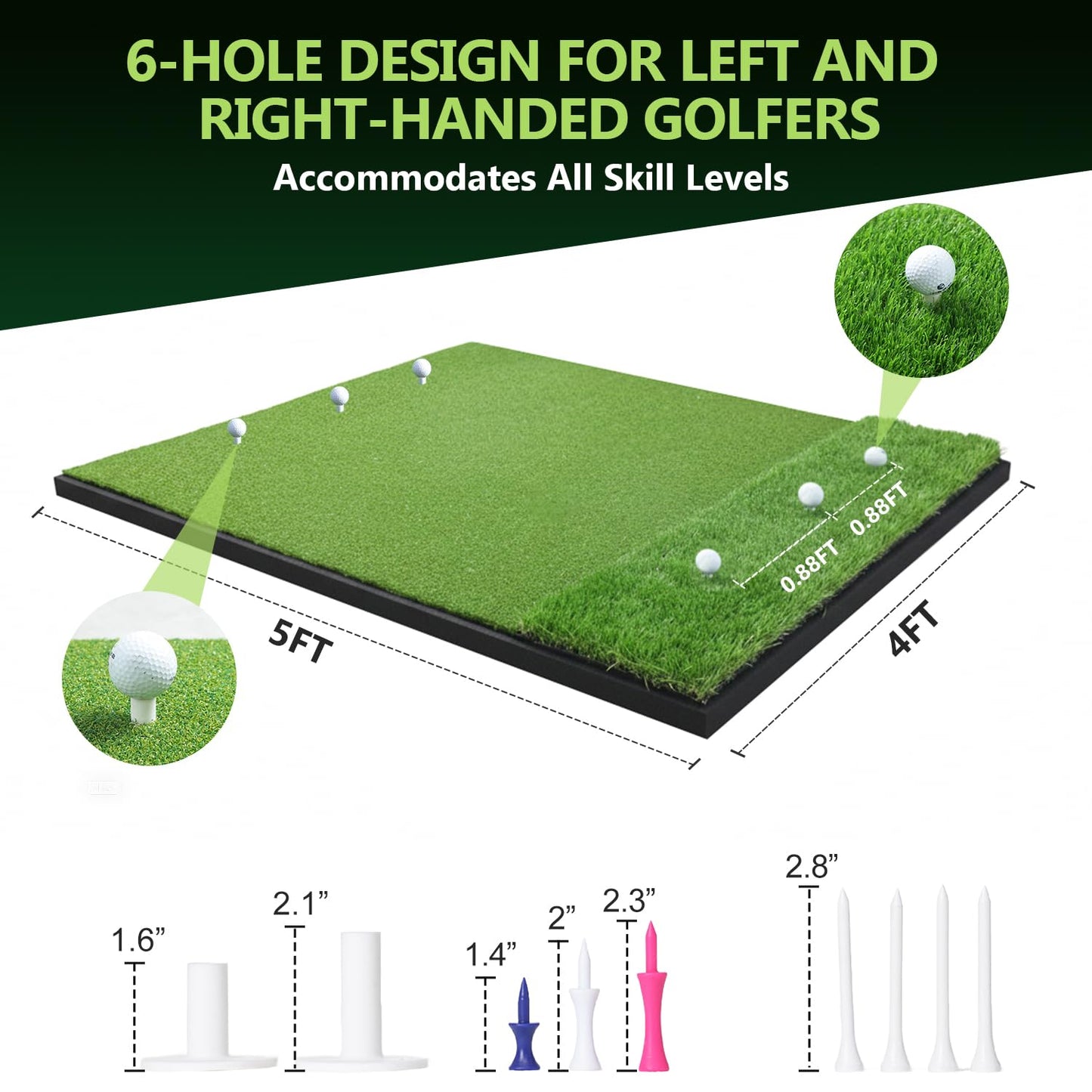 Golf Hitting Mats 31mm&55mm, 5x4ft/5x5ft Golf Mat Practice Outdoor & Indoor, Golf Practice Mat with 9 Tees, Heavy Duty Artificial Dual Turf Matt for Training Chipping Driving Swing Backyard Simulator