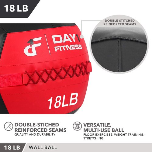 Day 1 Fitness Soft Wall Medicine Ball 18 Pounds RED/BLACK - for Exercise, Rehab, Core Strength, Large Durable Balls for Floor Exercises, Stretching
