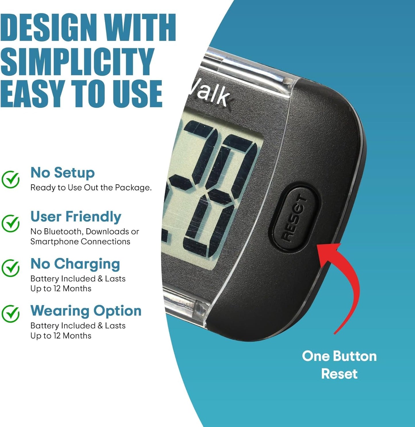 Simple Pedometer - Step Counter with Large Display for Walking | Ideal for Women, Men, Kids, Seniors