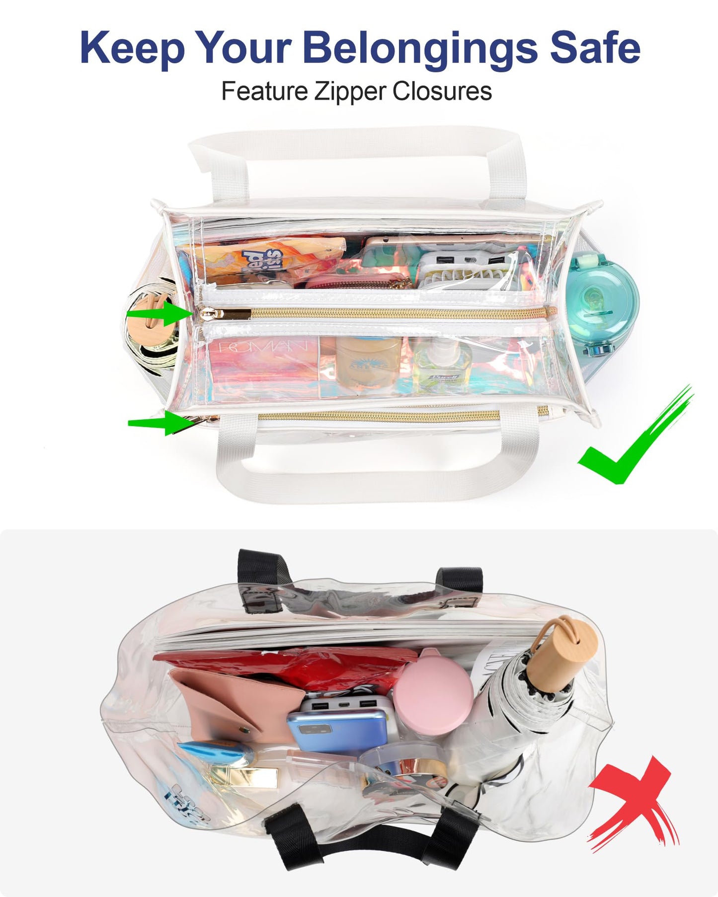 PACKISM Holographic Clear Tote Bag Stadium Approved - Clear Bag for Women 12×6×12 inch for Work Stadiums Concerts Events Quickly Pass, Iridescent White