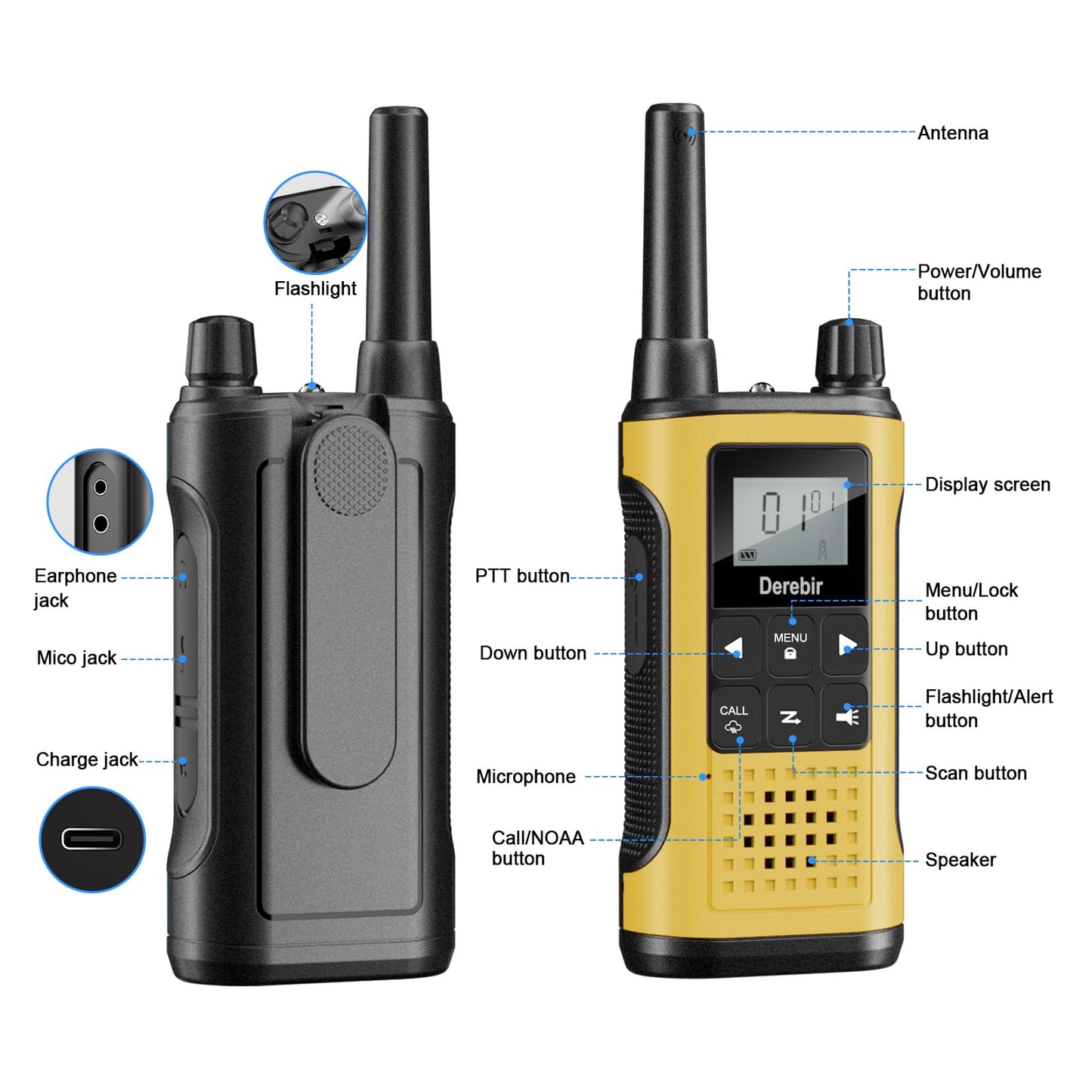 Derebir Walkie Talkies for Adults-4 Pack, Rechargeable Walkie Talkies Long Range 22 FRS Channel 2-Way Radios with NOAA Weather Alert,VOX,Flashlight and 1500mAh Li-ion Battery for Family Hiking Camping