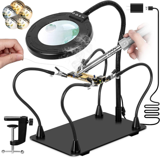 30X/12X LED Magnifying Glass with Light & Stand - Dimmable Soldering Helper for Crafts & Repairs