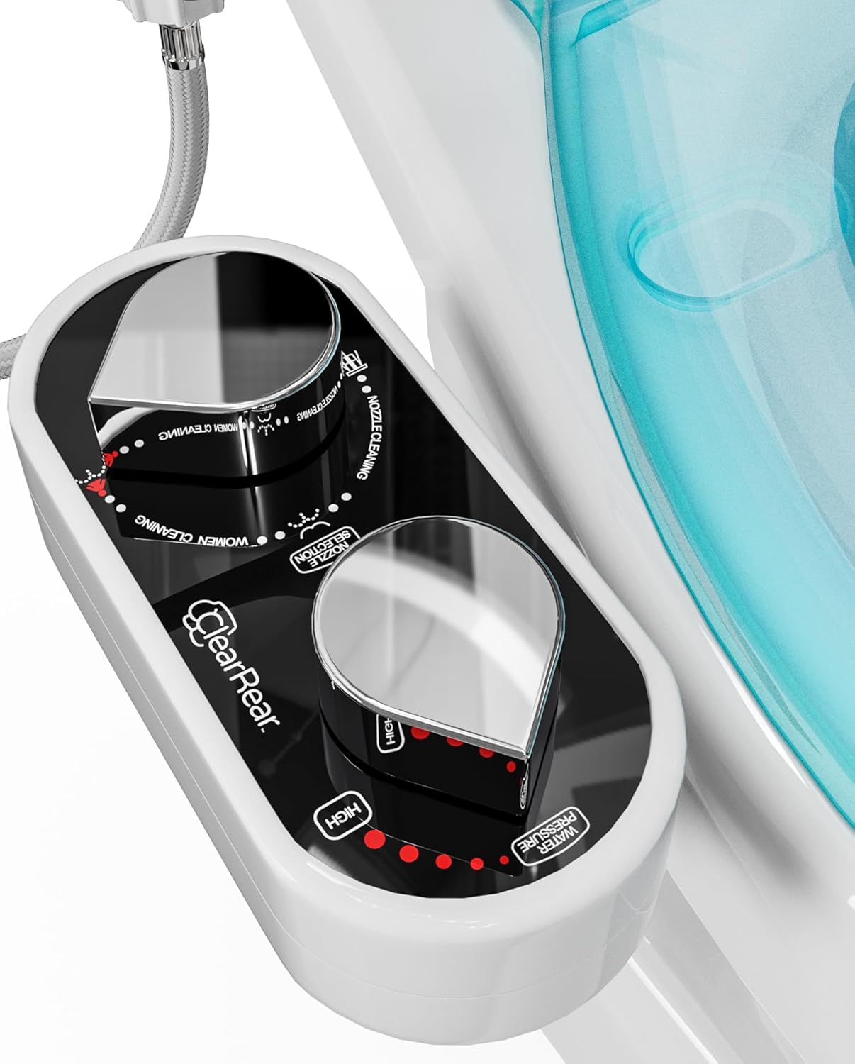 Non-Electric CLEAR REAR Bidet Attachment for Toilet - Self-Cleaning Dual Nozzle, Adjustable Pressure, White