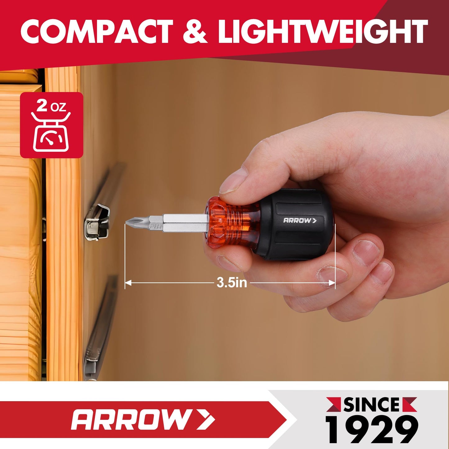 ARROW 5-in-1 Stubby Screwdriver, Multi-Bit Screw Driver & Nut Driver, Premium S2 Steel, Comfortable Grip, with Phillips, Slotted, Hex Socket, for Tight Spaces and Various Screw Tasks