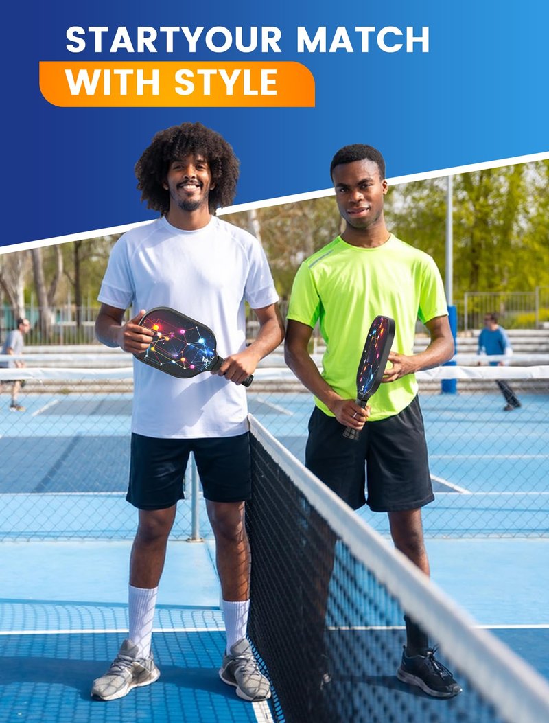 Pickleball Paddle Set of 2, Fiberglass Pickleball Rackets with Honeycomb Core, 4 Indoor/Outdoor Balls and Bag Included, Perfect for Beginners and Recreational Play