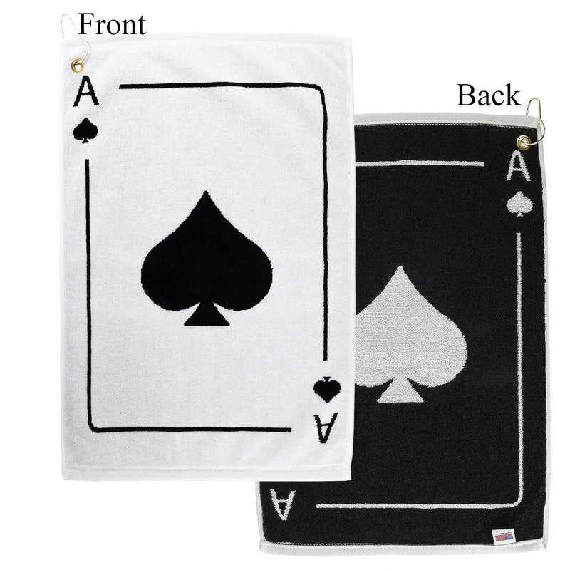 Player Supreme Golf Poker Ace of Spades Golf Towel. Cotton Sports Towel with Metal Bag Clip. White & Black Reversible Large (16" x 24")