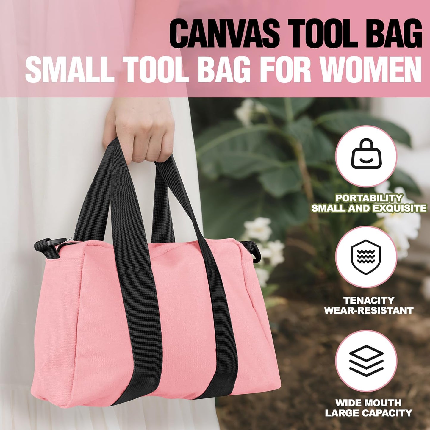 Small Tool Bag, Canvas Tool Storage Bag, Large Capacity Multipurpose Zipper Soft Tote Organizer Pouch for Electrician, Plumbing, Gardening,Tools Bags for Men (Pink, 13 Inch)