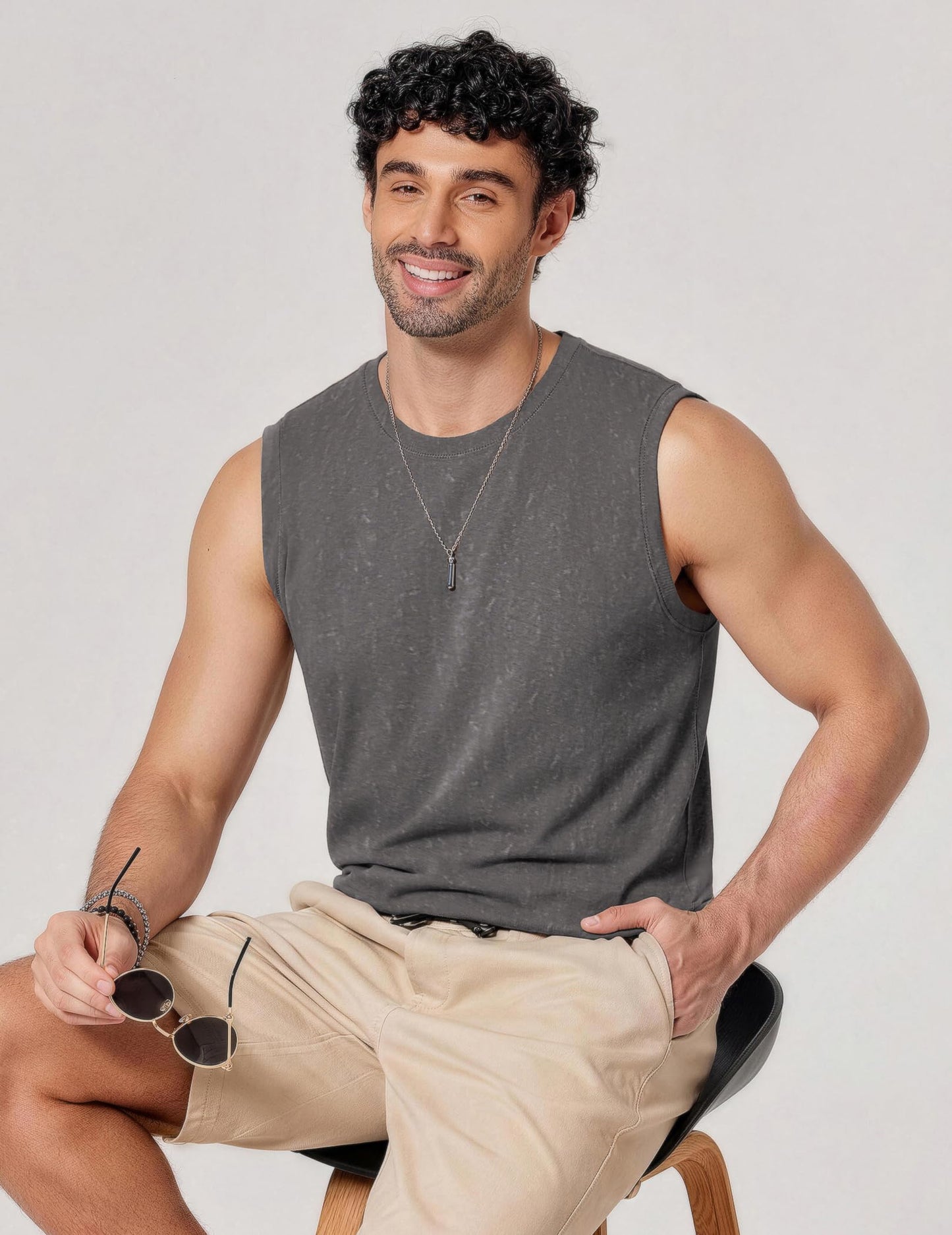 COOFANDY Men's Cotton Sleeveless T Shirt Oversized Workout Tank Top Dark Gray Retro Washed T Shirts Wide Shoulder