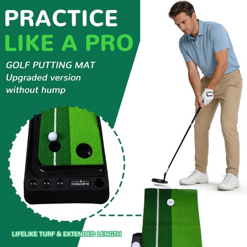 Fitvids Premium Automatic Ball Return Golf Putting Mat – Portable Indoor Golf Practice Green with Alignment Guide & Solid Base – Regular – Green