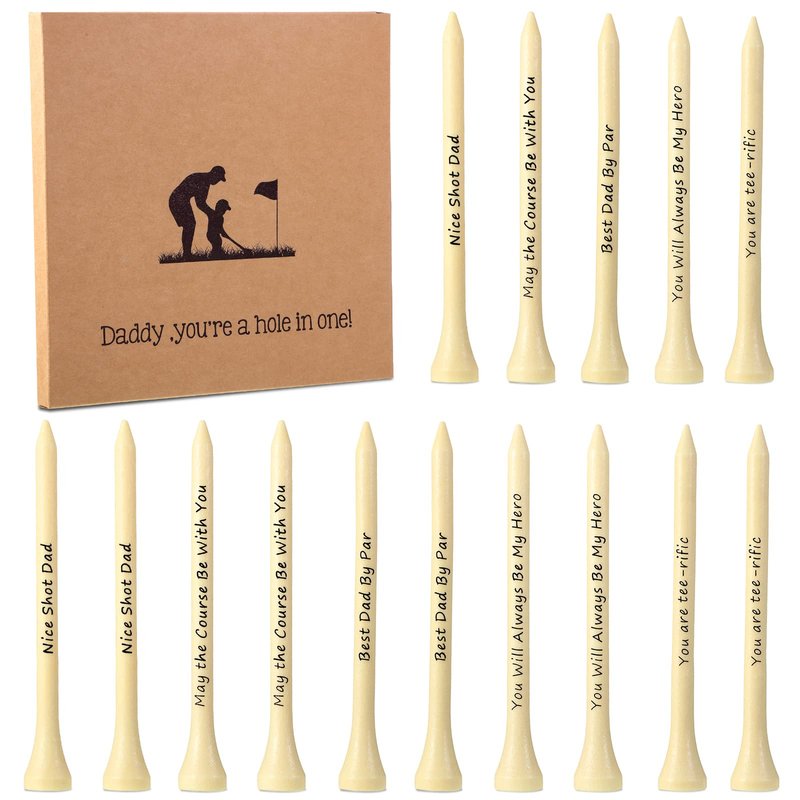 Deekin 90 PCS Christmas Dad Golf Gifts for Men, 3-1/4 inch Funny Wooden Golf Tees with Warm Words and Kraft Box, Golfing Gifts Presents for Dad Grandpa Grandfather(Natural Wood Color)