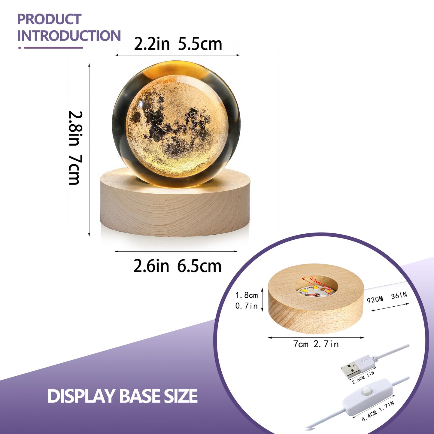 LOULIQIGIFT Crystal Moon Crystal Ball with Light Base Night Light 2.3Inches Glass Moon Globe Home Decor Gift for Women, Friends, Family