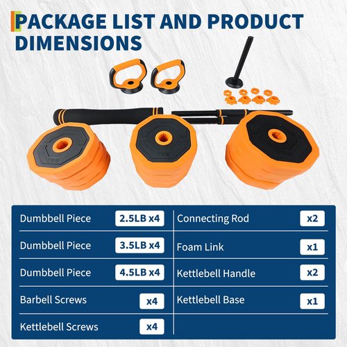 GarveeLife Dumbbell Set Adjustable,44 Lbs 4-In-1 Free Weights with Connector Used As Dumbbells, Barbells, Kettlebells, Push Up Stands，Orange