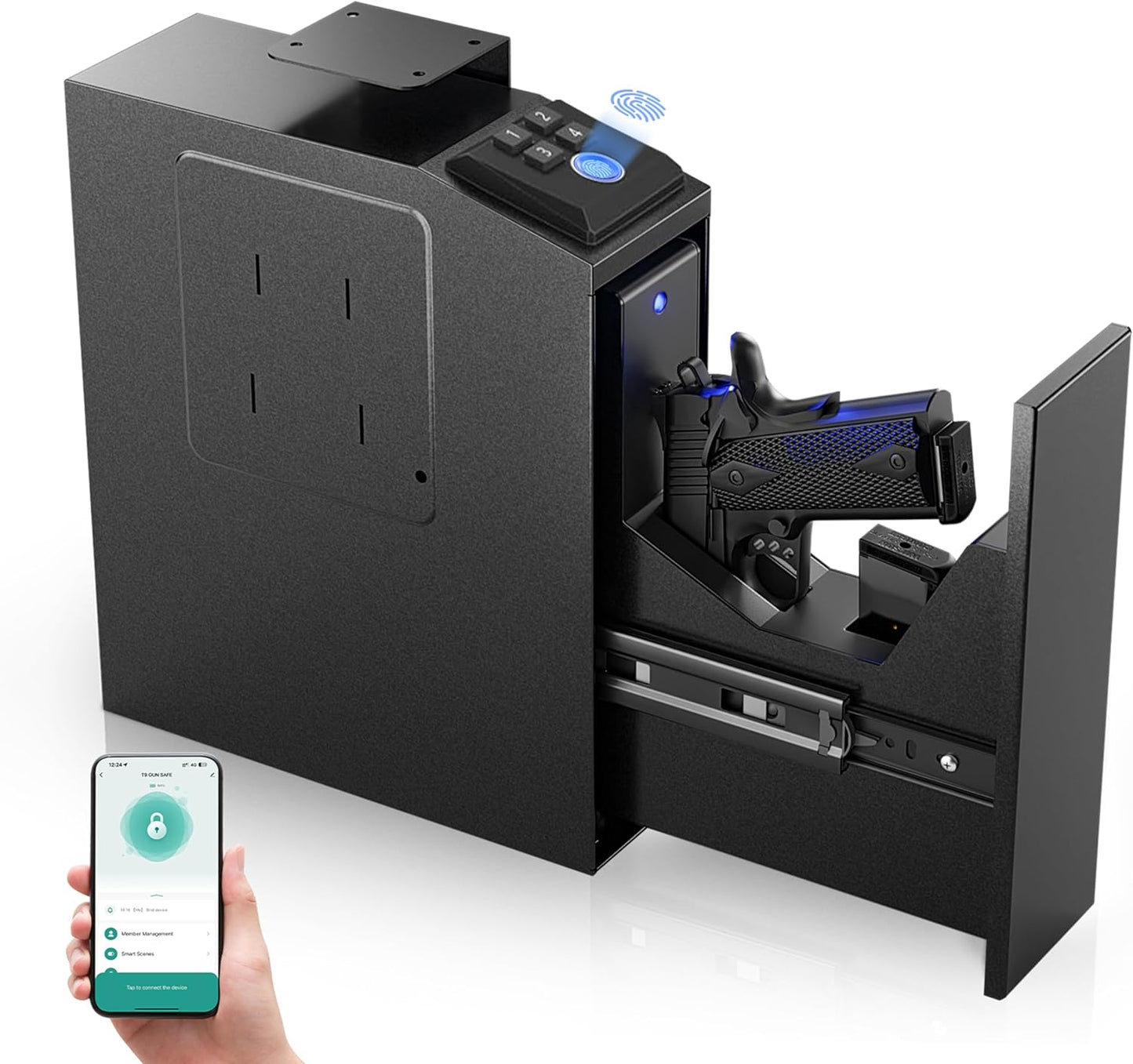 ORARAER Biometric Gun Safe - 4 Ways to Unlock with Fingerprint, Key & PIN | Compact Nightstand Pistol Lock Box