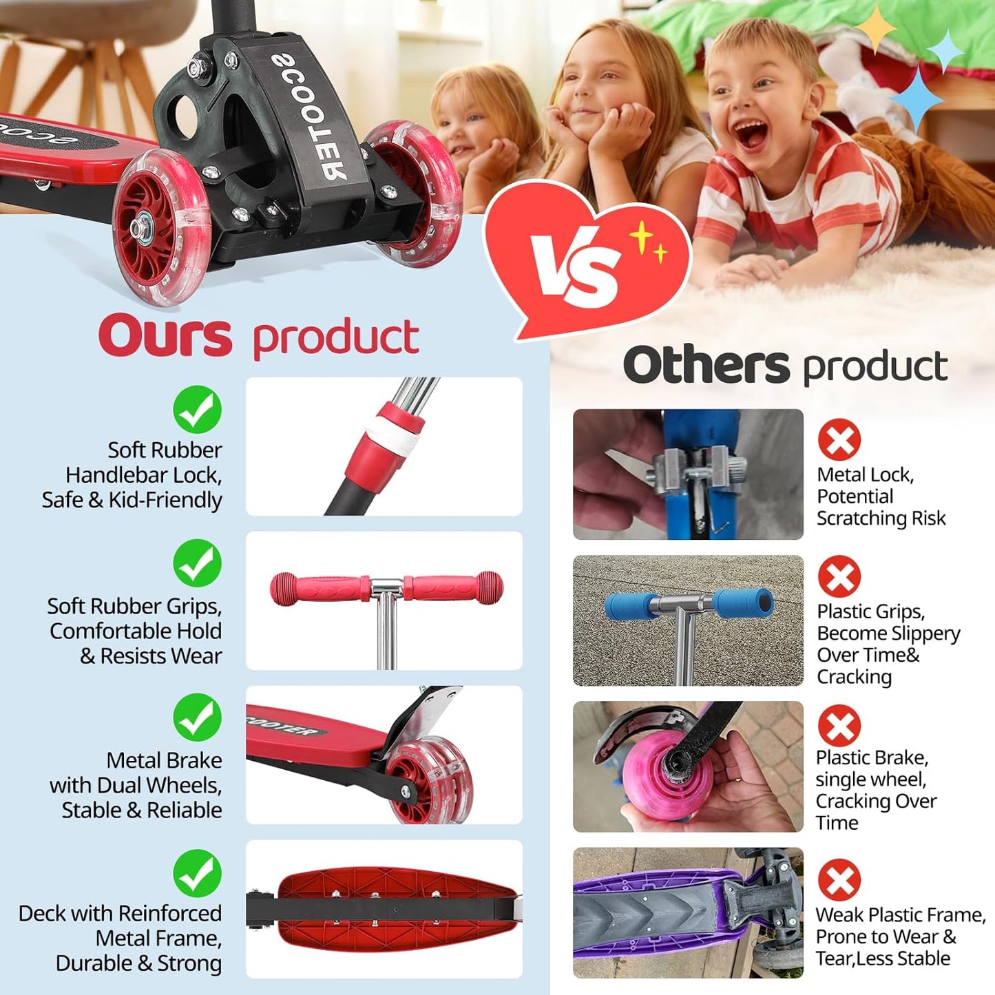 Skiennix Kick Scooter for Kids | Light-Up 3-Wheel Design with Adjustable Height & Stable Ride for Ages 3-7