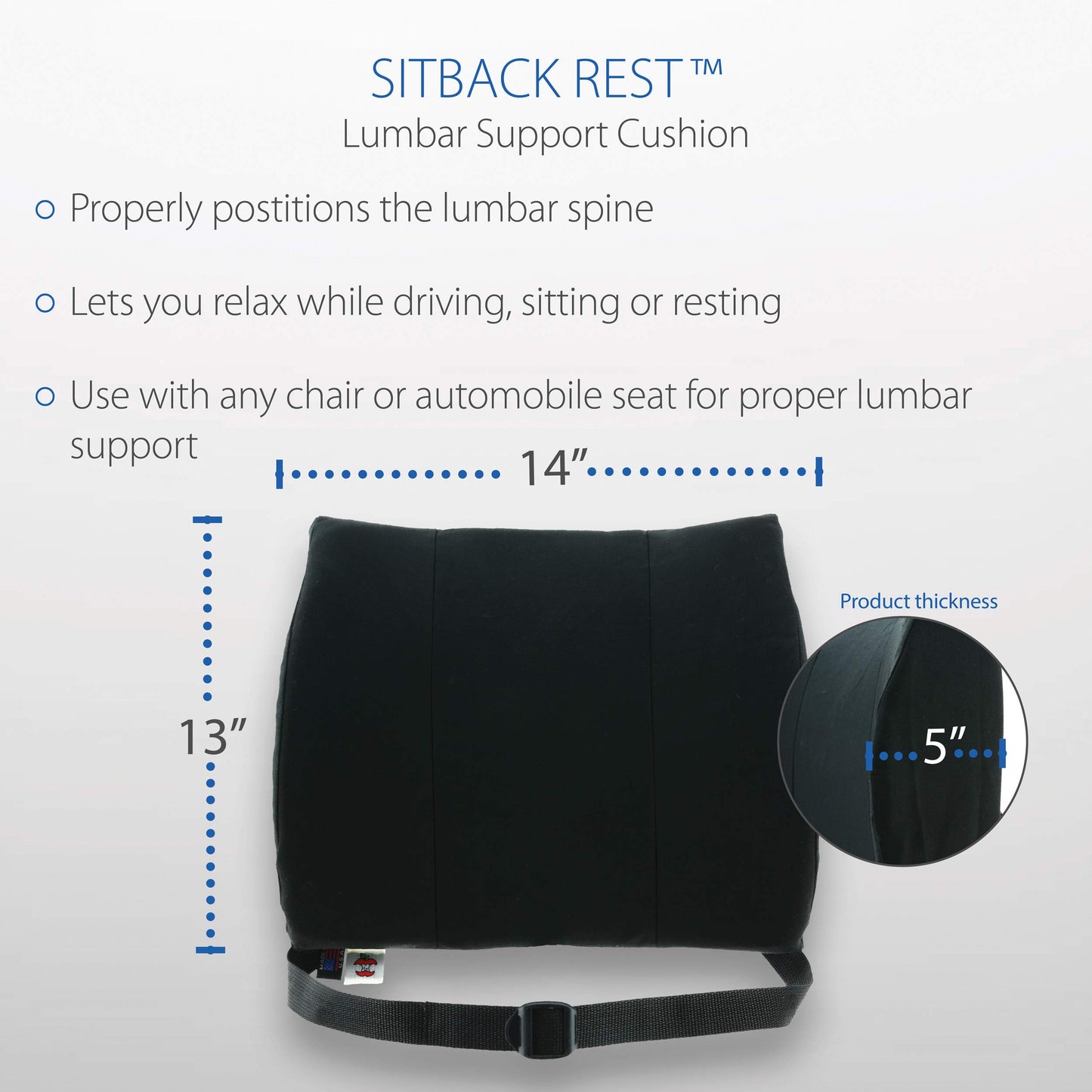 Core Products Sitback Rest Cushion Lumbar Support for Lower Back & Office Chair, Adjustable Strap Contoured Foam, Black - 13" x 14" x 5", Made in the USA