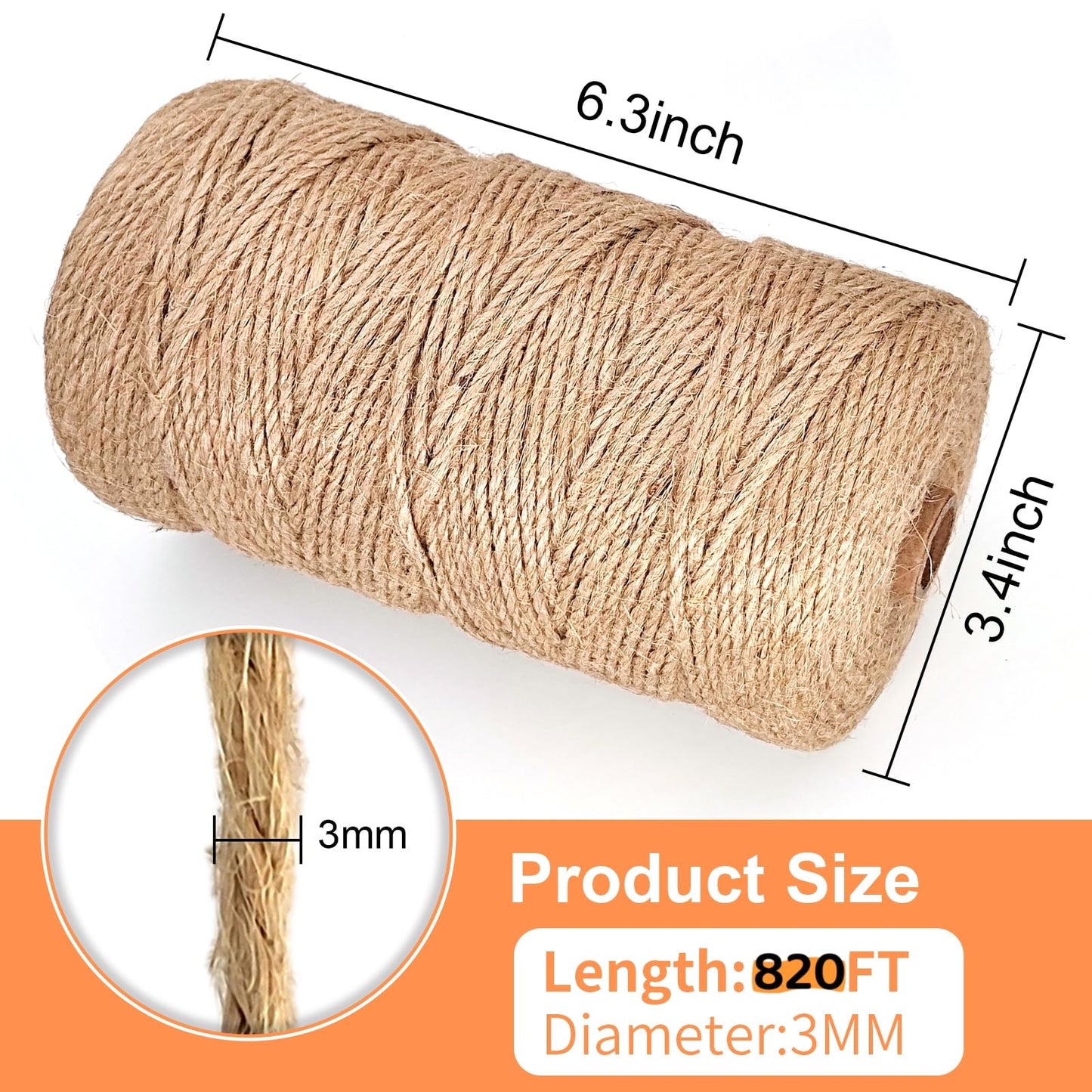 Twine String, 3mm 820FT Jute Rope for Handmade Arts Crafts Gift Wrapping, Burlap String for Gardening Climbing Plant, Hemp Cord for Halloween Christmas Wedding Decoration