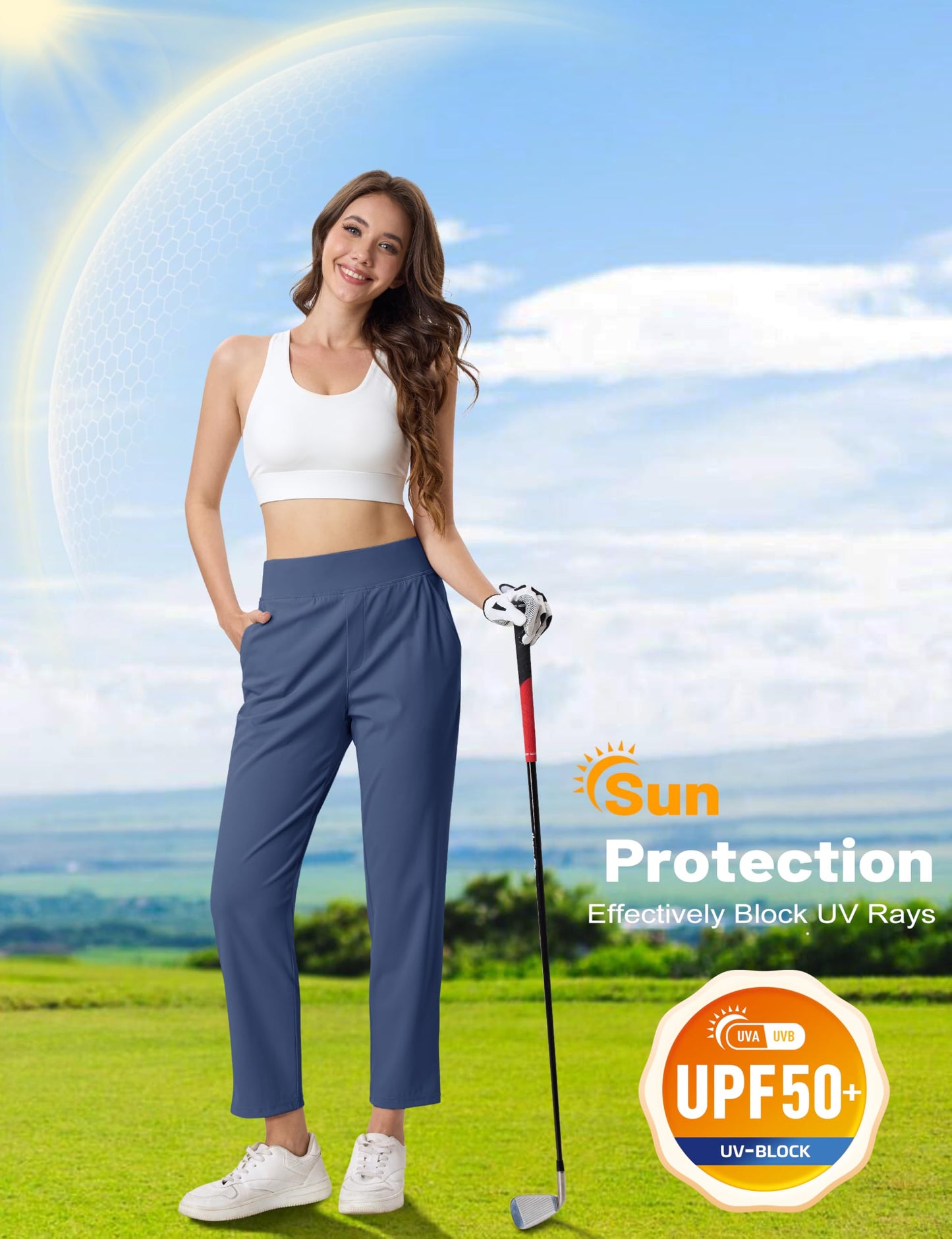 MAGCOMSEN Women's Work Pants Stretch Ankle Dress Casual Slack Lightweight High Waisted Golf Capris Summer Pants Blue, L