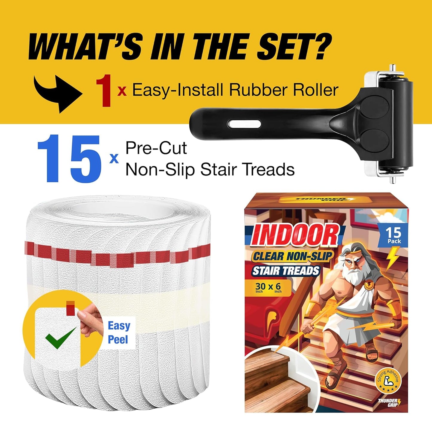Non-Slip Clear Stair Treads 30"x6" - 15-Pack Adhesive Grips for Wood Steps - Safe for Dogs & Seniors