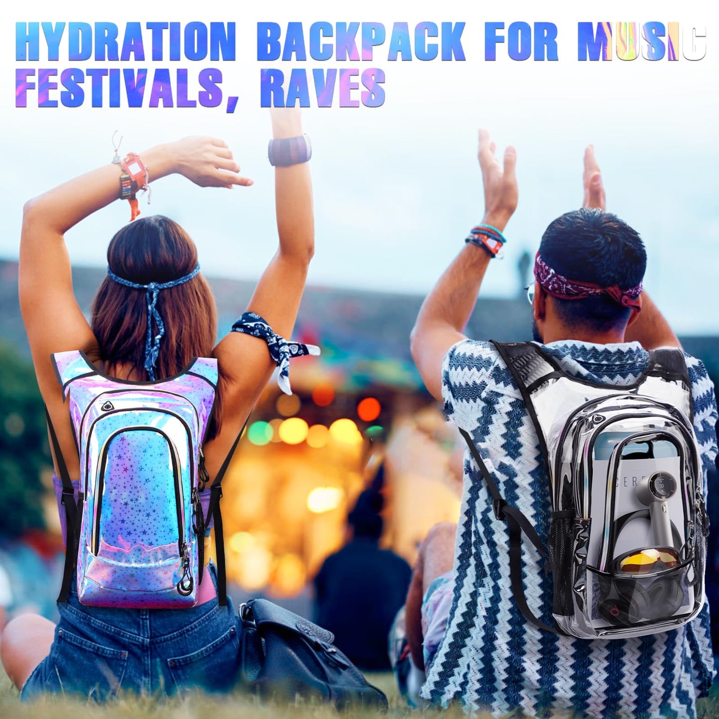 Niggeey Hydration Backpack, Festival Rave Hydration Pack, Clear Water Backpack with 2L Hydration Bladder, Rave Backpack Hydration Pack Hydropack Hydro for Hiking, Festivals, Raves