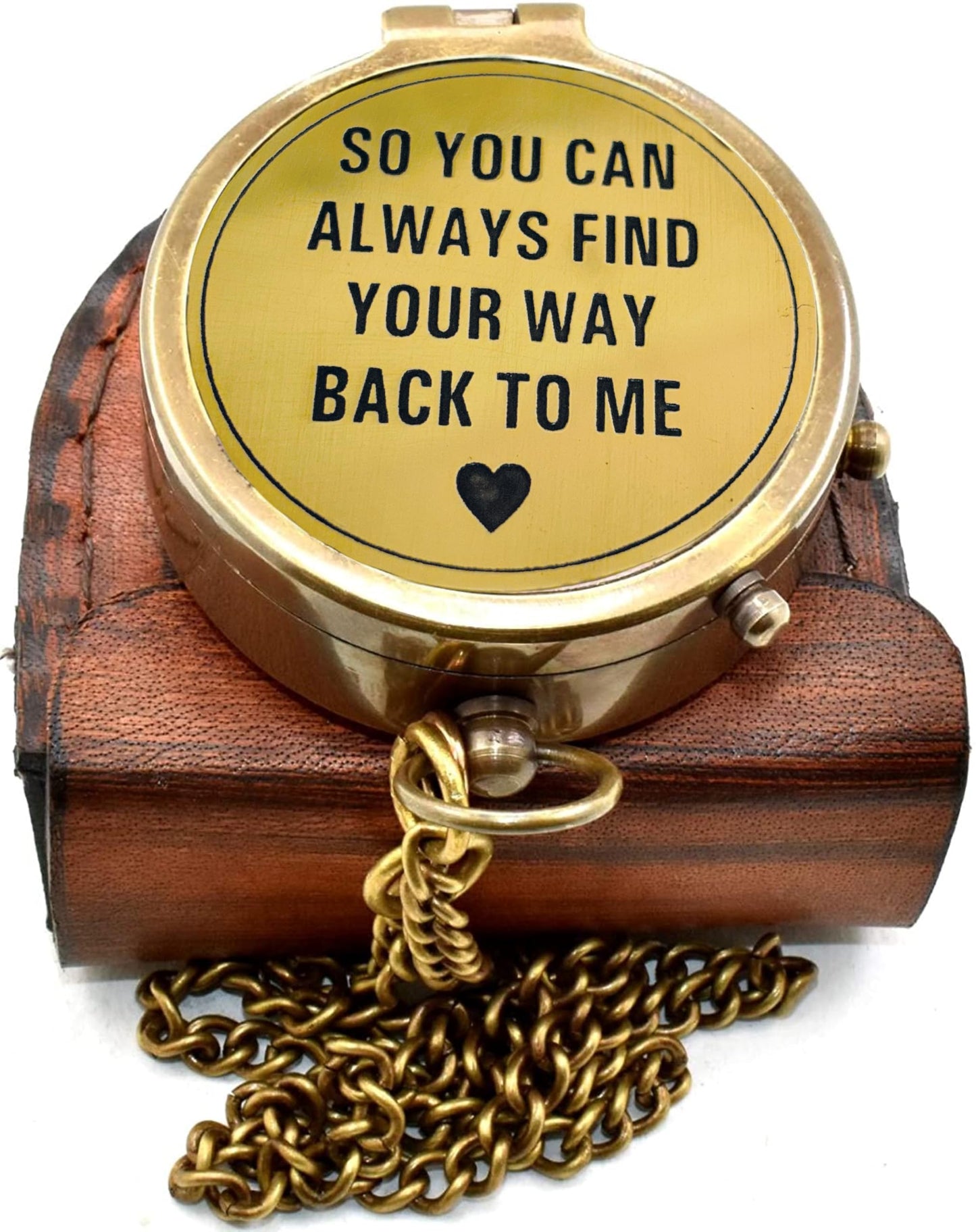 “So You Can Always Find Your Way Back Home” Engraved Pocket Compass with Leather Case – Vintage Brass Hiking & Camping Compass, Inspirational Birthday Gift for Him or Her