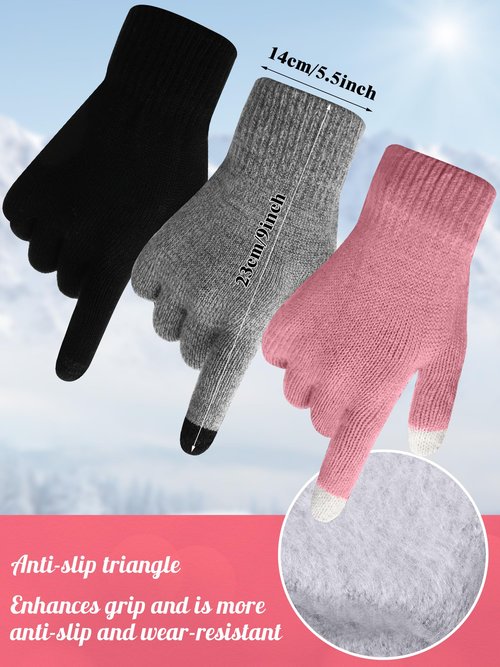 JaGely 6 Pcs Women Winter Beanie Hat Gloves Set Warm Knitted Hats and Touchscreen Gloves Lady Cold Winter Gifts for Christmas(No Fur Pom and No Pattern,Black, Grey and Pink)