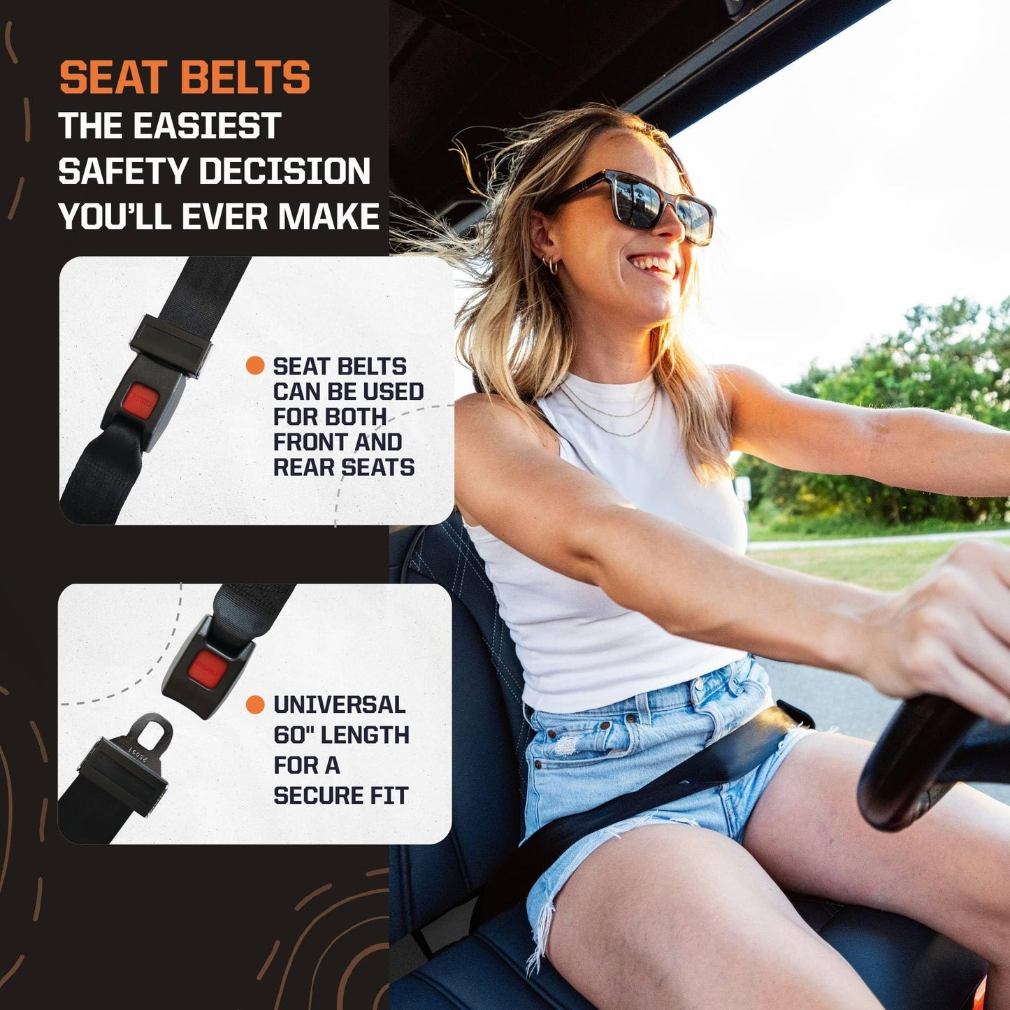 RHOX SEAT‑2000 Universal Golf Cart Seat Belt 60" Heavy‑Duty 2" Lap Belt, Fits EZGO, Club Car, Yamaha,FMVSS/SAE Safety‑Compliant