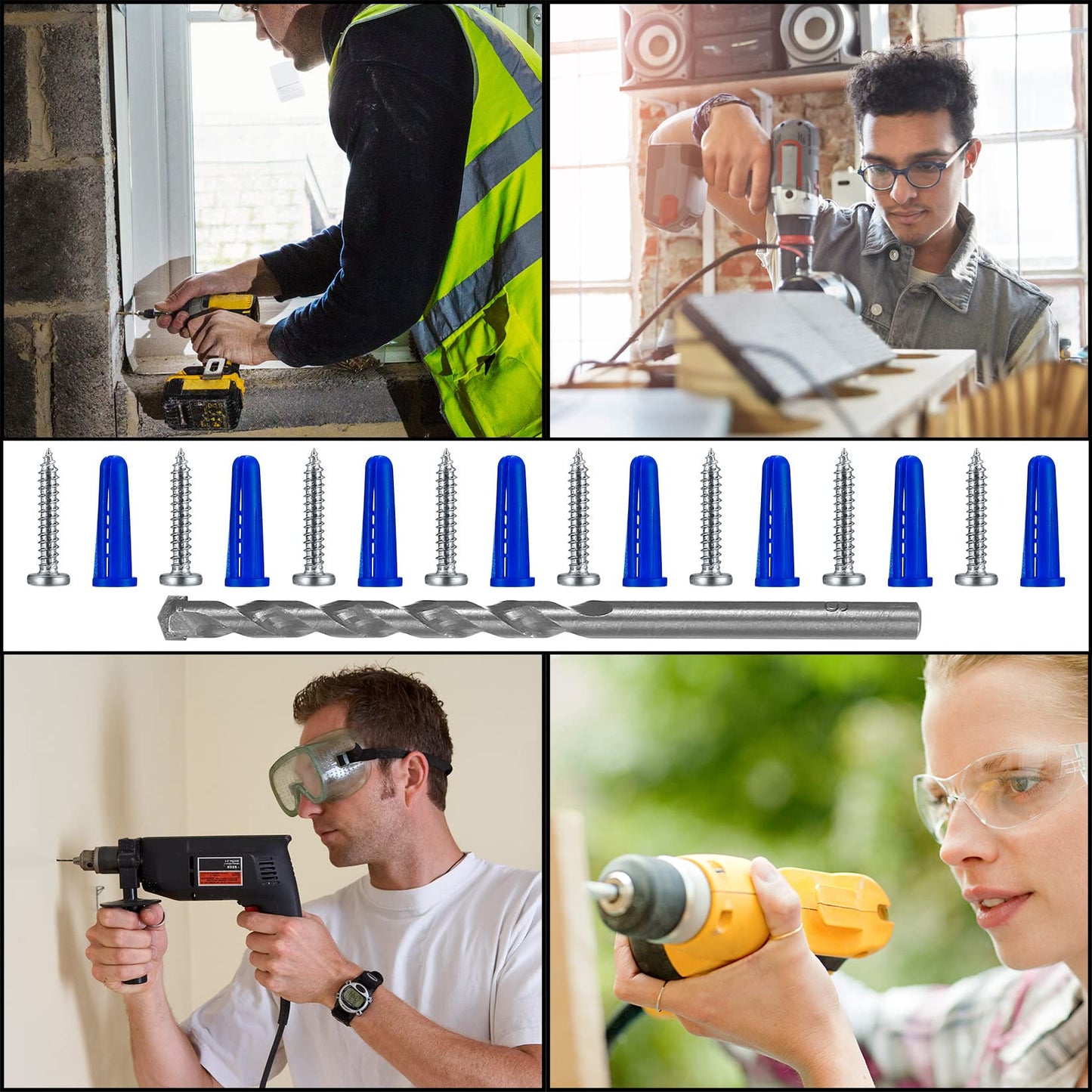 200 Pcs Conical Concrete Wall Anchors and Screws for Drywall, 10# Blue Conical Anchor and Self Tapping Screws, Includes 100 Pcs Drywall Anchors, 100 Pan Head Screw, 1 x Drill Bit (Blue)