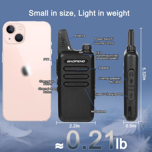 BAOFENG T20 Mini Walkie Talkies with Earpiece, FRS 2 Way Radios with 6 Way Multi Charger Base, USB-C, 22CH, License-Free for School Warehouse Camping(6 Pack)