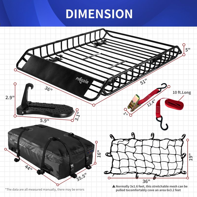 PINGDIR roof Rack Basket Rooftop Cargo Carrier 46"*36" ，Cargo Net with Attachment Hooks,