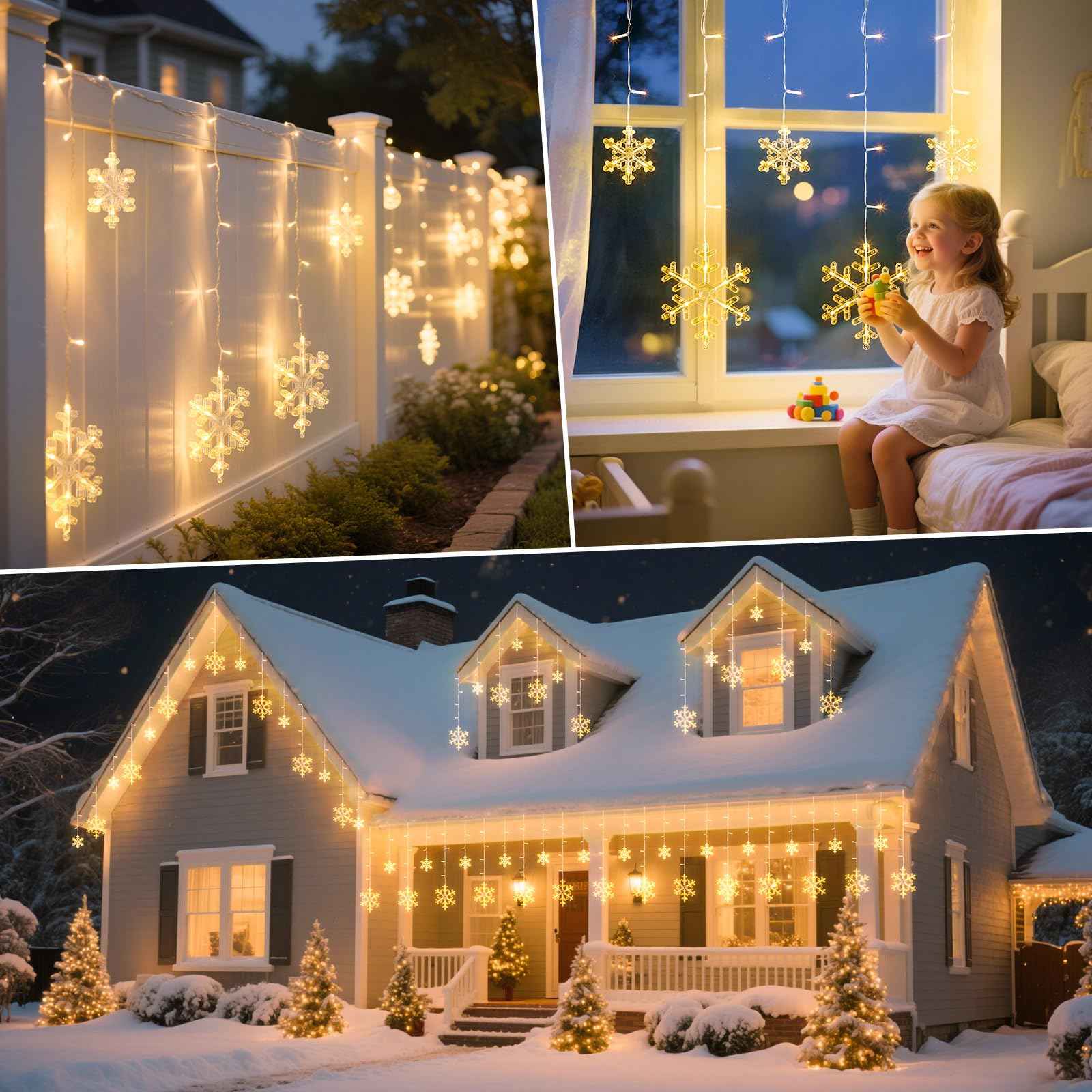 2 Pack 13 Ft 192 LED Snowflake Christmas Icicle Lights with 16 Drops, 8 Modes and Timer, IP65 Waterproof Connectable for Indoor Outdoor House Window, Warm White