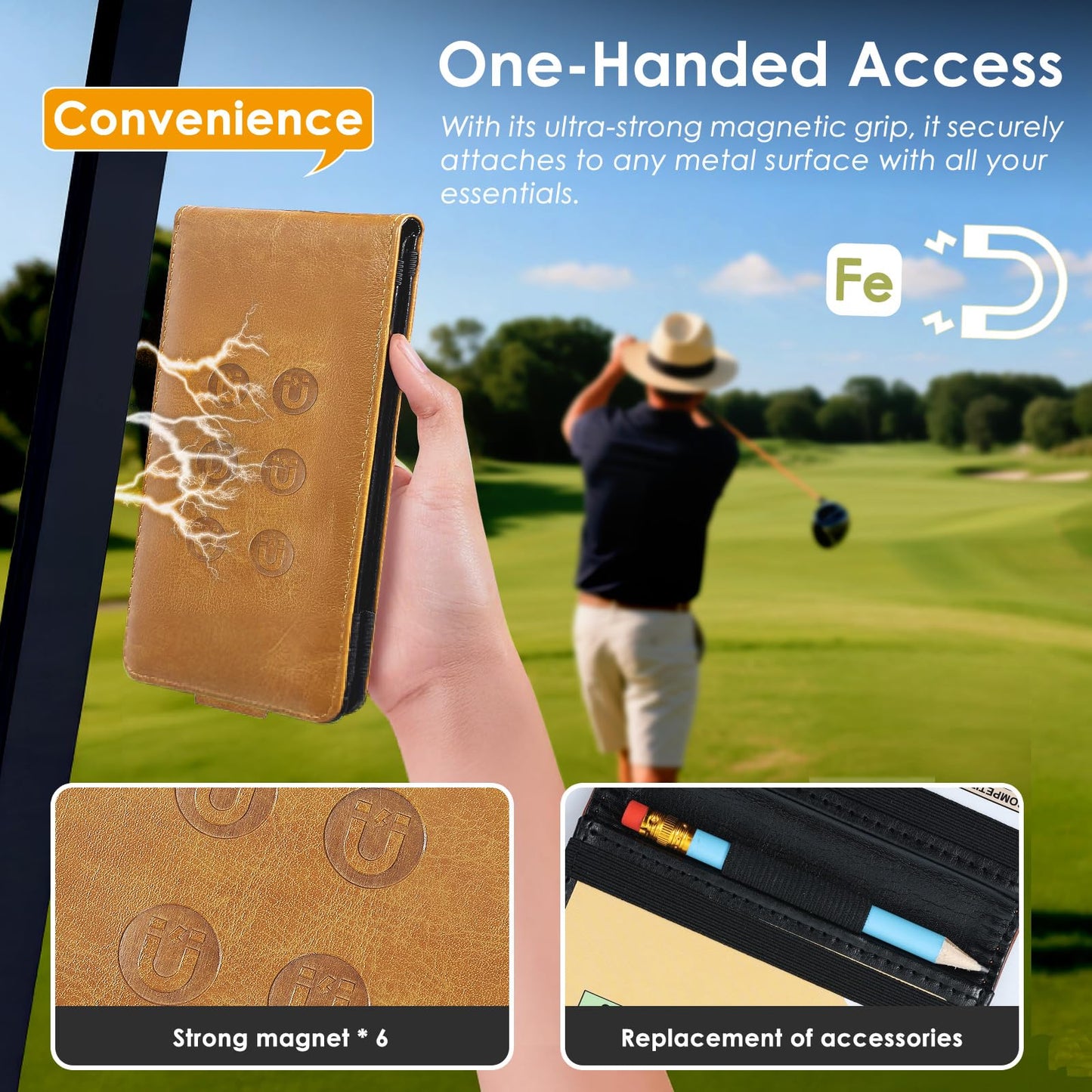 Femlotank Magnetic Golf Scorecard Holde, Premium Leather, All-in-One Design, Gold Club Bag Accessories, Universal Fit for Most Scorecards, Slim Profile for Back Pocket Carry (Beige)