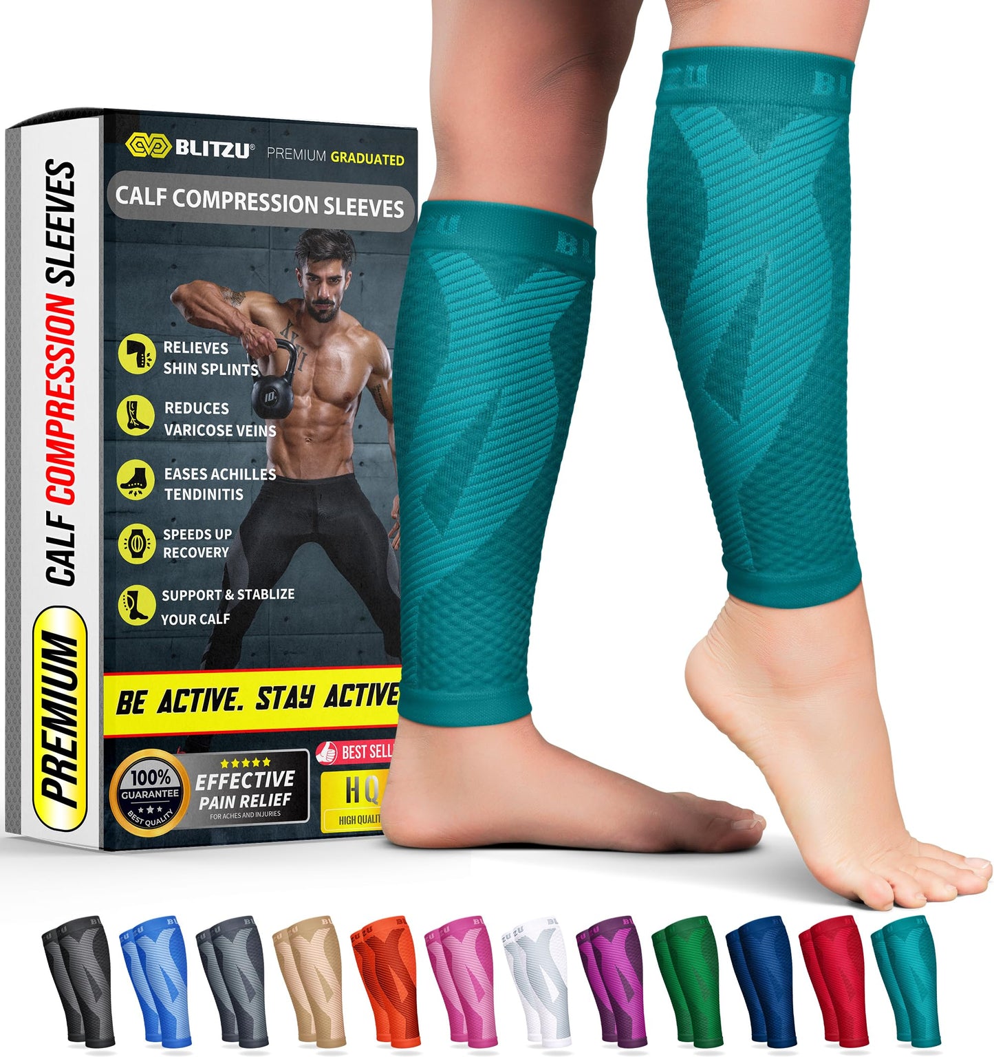 BLITZU Calf Compression Sleeves for Men and Women. Footless Compression Socks Support for Varicose Vein, Nursing, Running. Leg Sleeve Brace for Shin Splints, Pain Relief & Reduces Swelling Teal L-XL