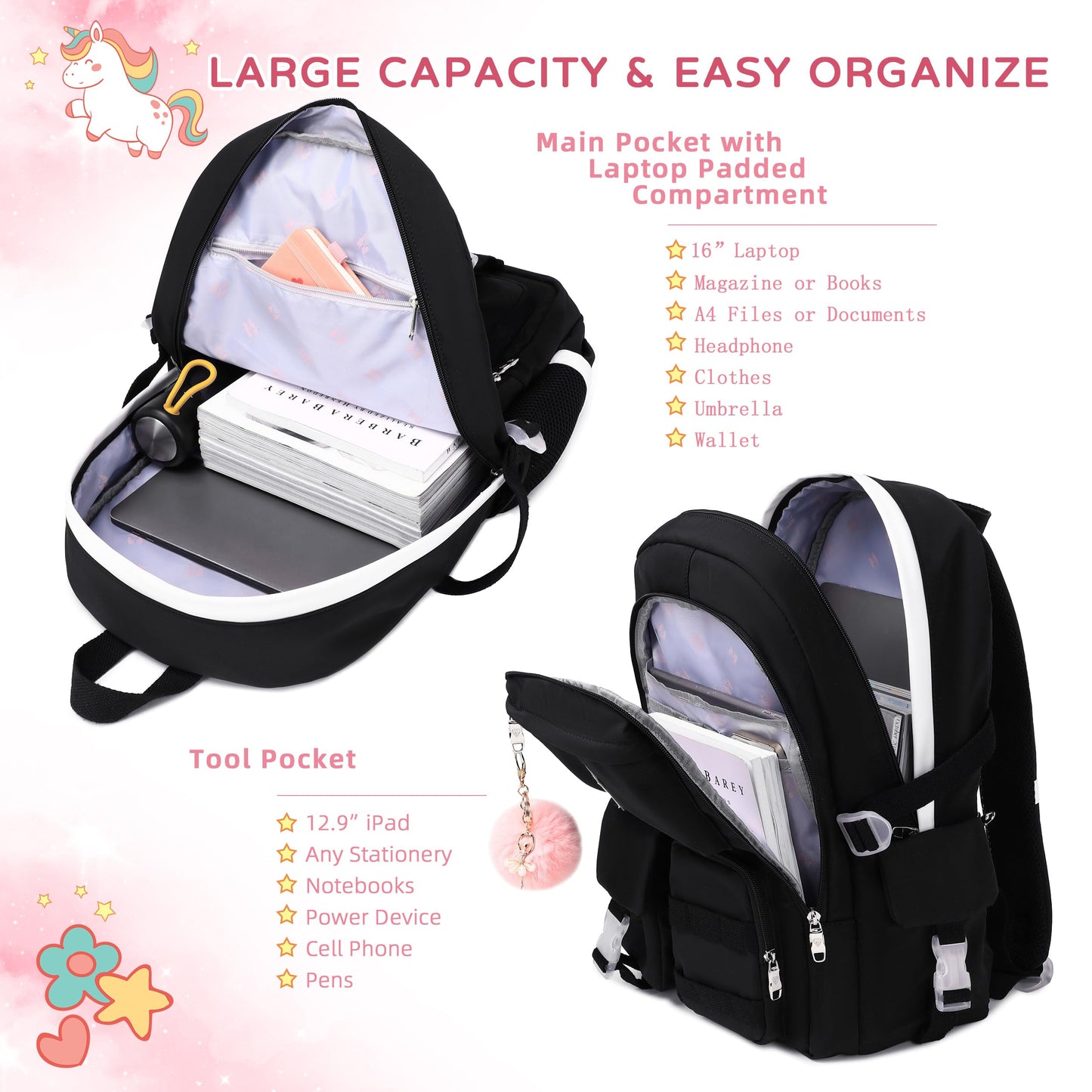 Girls Backpack,15.6 Inch Laptop School Bag Large Primary Elementary Middle College Bookbags Kids Backpacks for Teens Girls Women Students Anti Theft Travel Daypack (Black)