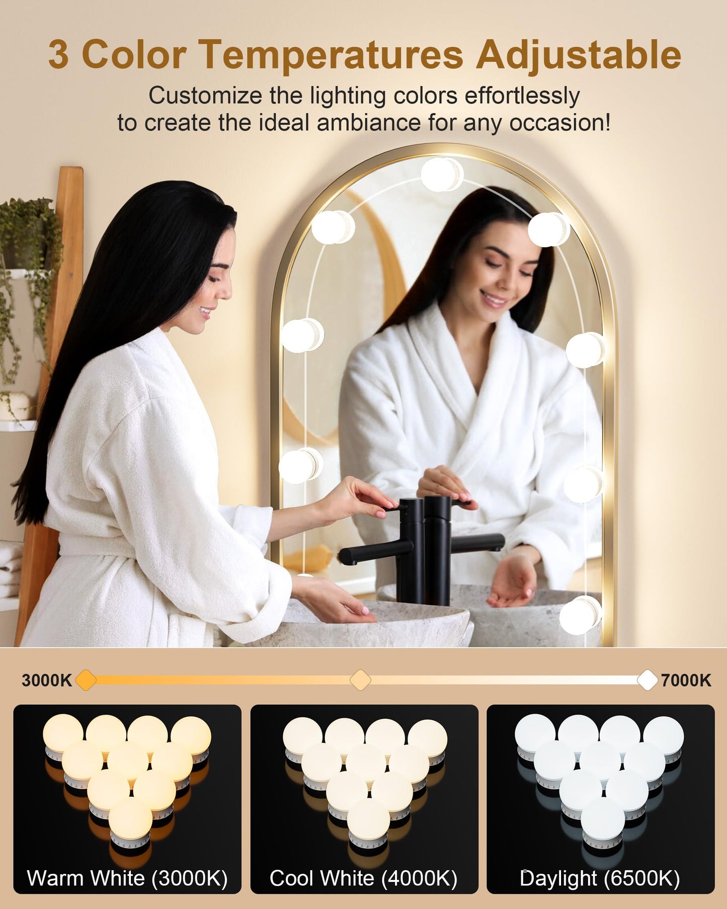 Yarnock 10 Bulbs LED Vanity Lights for Mirror, 3000K 4000K 6500K & 10-Brightness, Wire Length Adjustable, USB Cable, Hollywood Mirror Lights for Makeup Dressing Room Bathroom, White