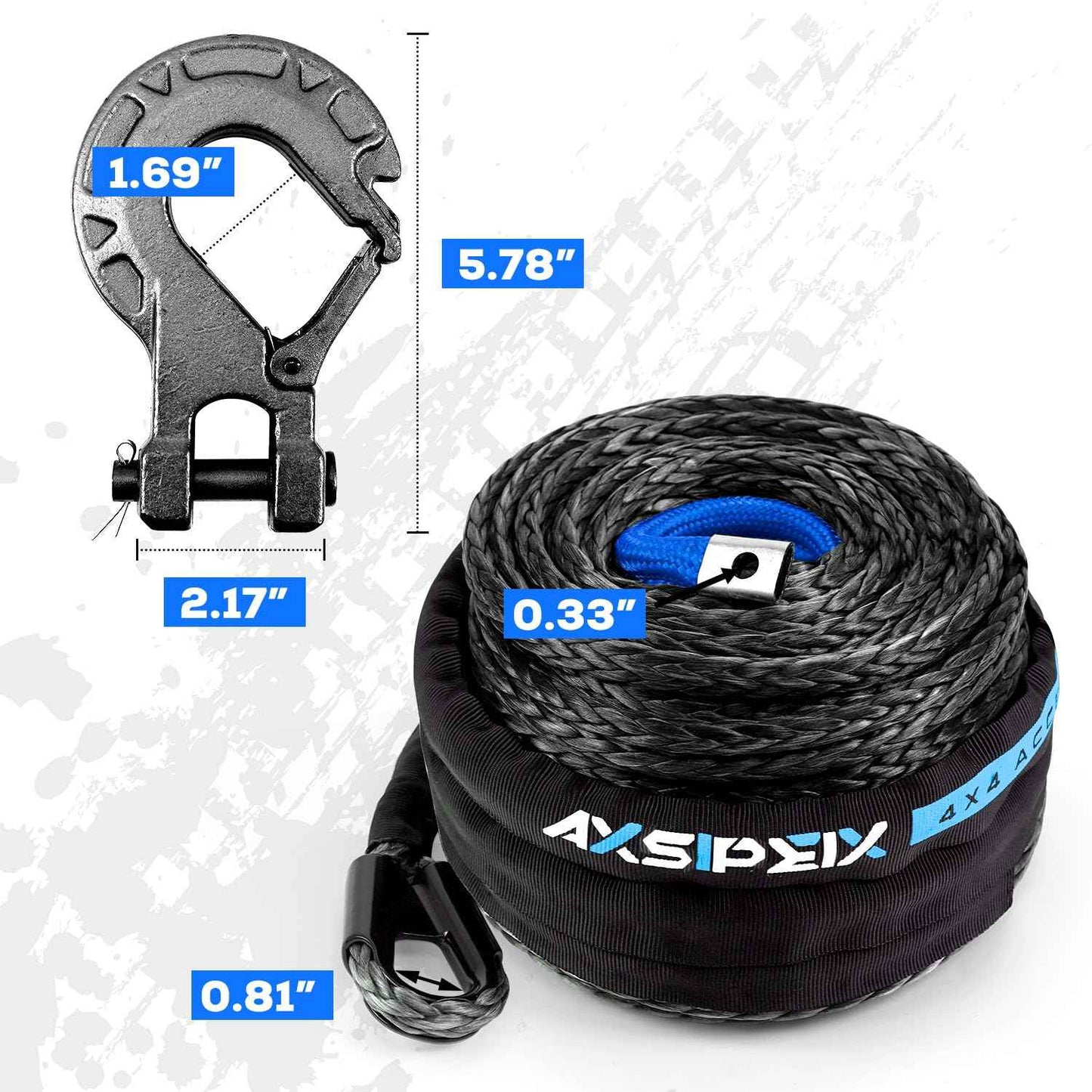 Synthetic Winch Rope Kit, 3/8" x 92ft 26500LBS Blue+Black Winch Cable with Protective Sleeve, Forged Winch Hook and Safety Pull Strap 4WD Off Road Vehicle SUV Truck