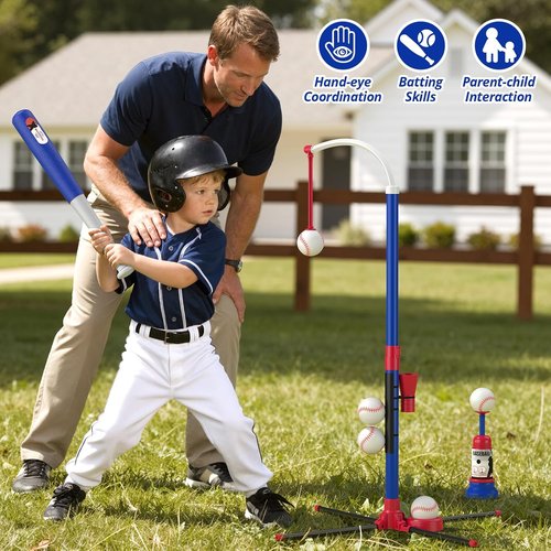 HYES 3-in-1 Baseball Set for Kids 3-5 | Adjustable Tee Ball Stand & Ball Launcher - Indoor/Outdoor Fun, Blue