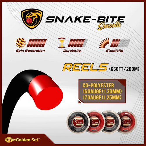 Golden Set Snake-Bite Smooth 16g (1.25mm), Reel (660ft/200m), Polyester Tennis String (Black)