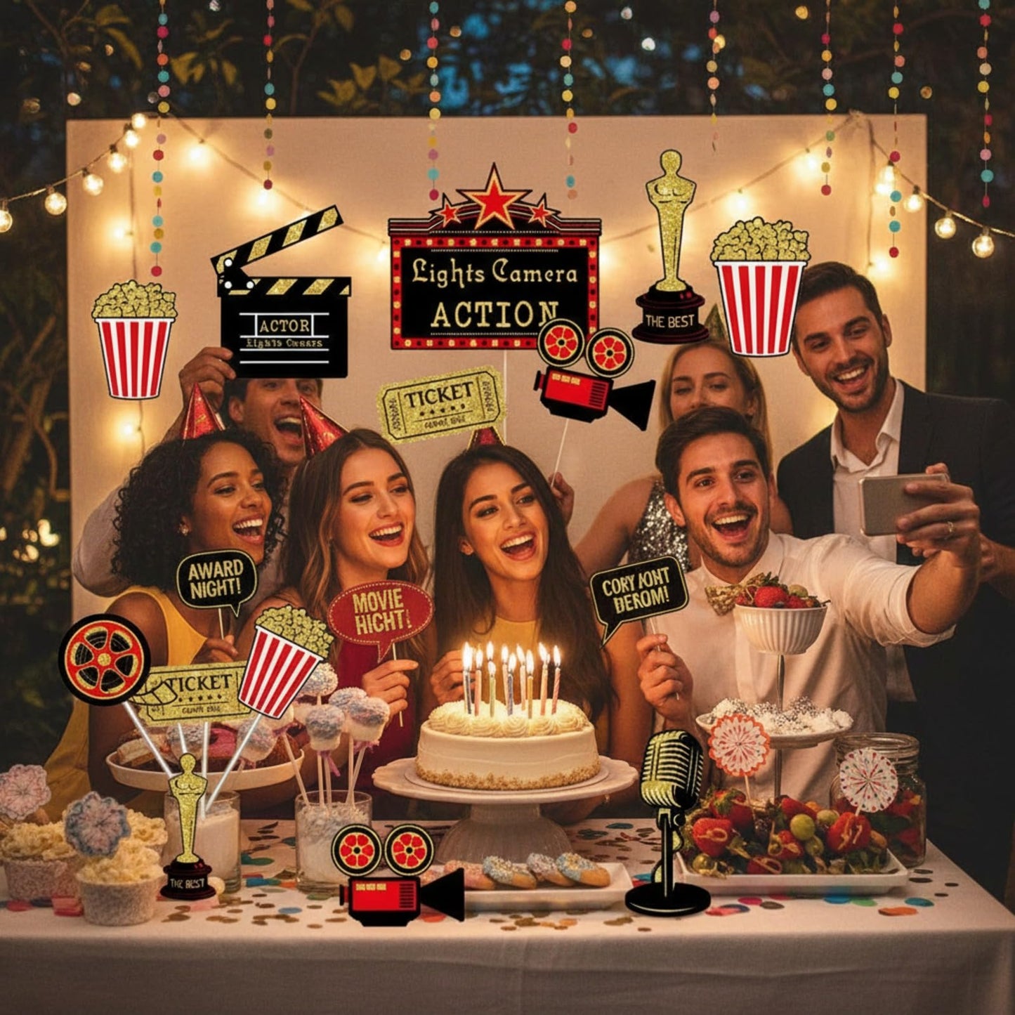 32Pcs Movie Party Decorations Red Gold Black Table Toppers Cutouts