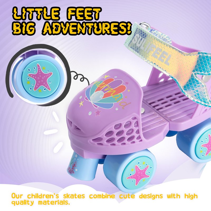 SULIFEEL Kids Adjustable Quad Roller Skates,Toddler Beginner Roller Skates for Gilrs and Boys Age 2-5 Years Old Mermaid Purple