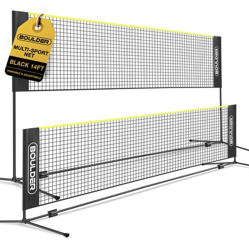 BOULDER Portable Badminton Pickleball Net - Foldable / Extendable Poles for Multiple Sports Heights (UP to 5 ft) - Ideal for Tennis, Pickleball, Soccer Tennis - Easy Setup (Black, 14 FT)