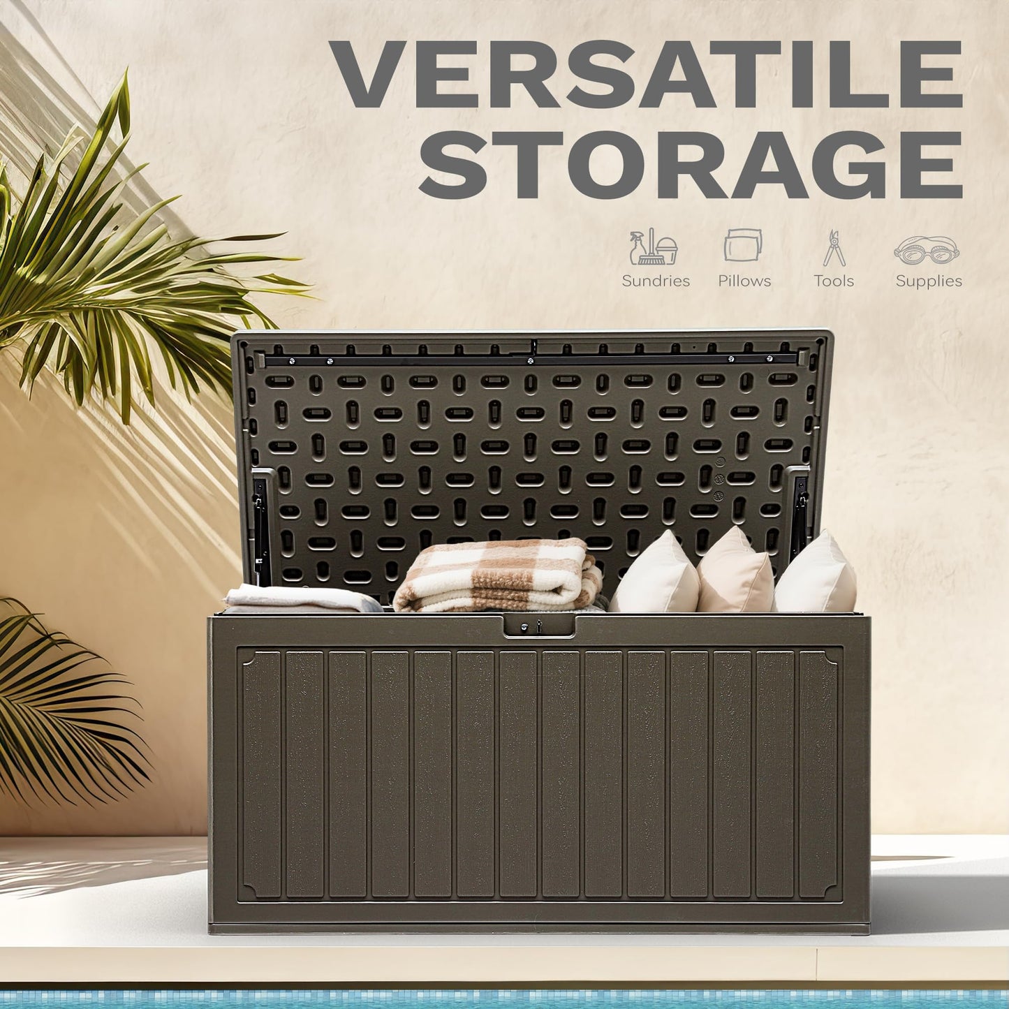 DWVO 90 Gallon Resin Outdoor Storage Box, XXL Double-Wall Waterproof Deck Box, Doubles as Table or Seating with 450 lbs Capacity, Lockable (Light Brown)