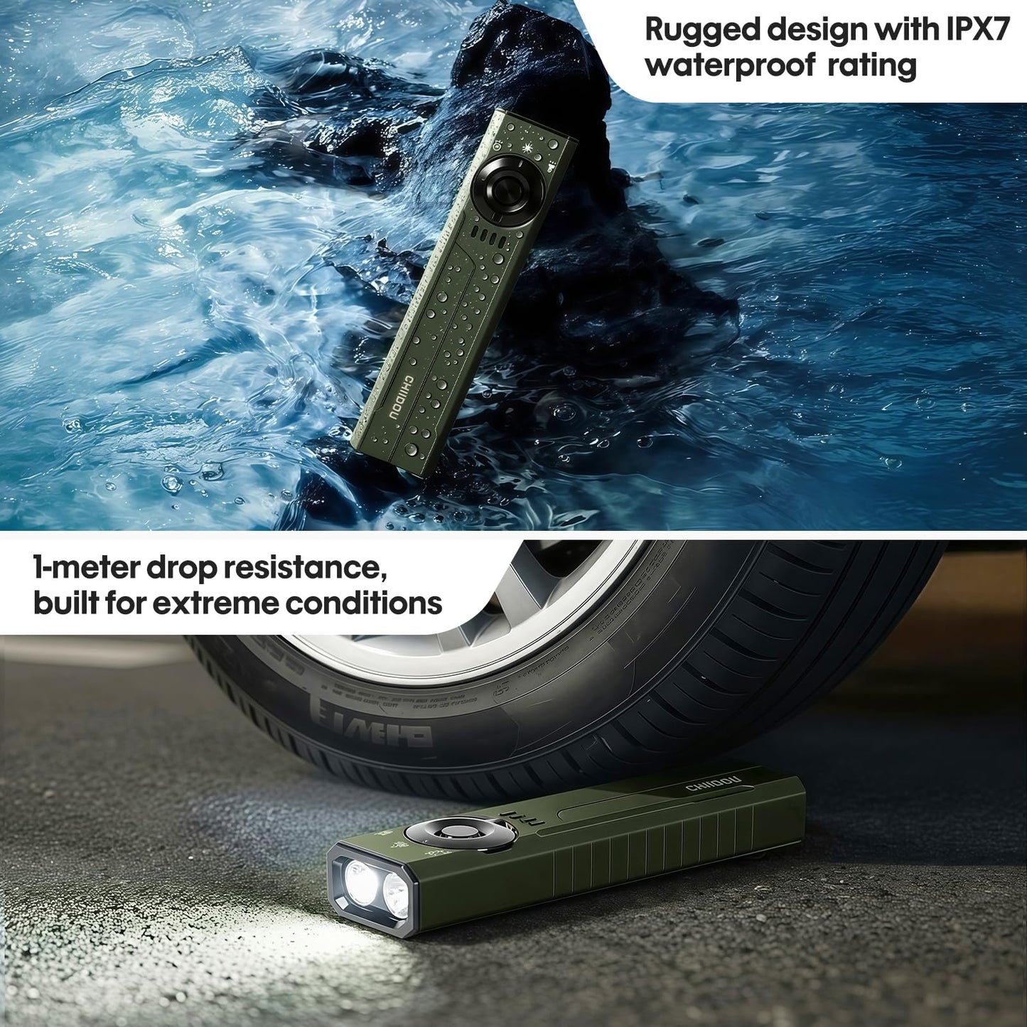 Chiidou Rechargeable EDC Flashlight with White LED, UV and Green Beam Combo, 1500 Lumens Portable Flat Pocket Lights with Magnetic Tail, Clip, Flash Light for Outdoor Camping Essentials (OD Green)