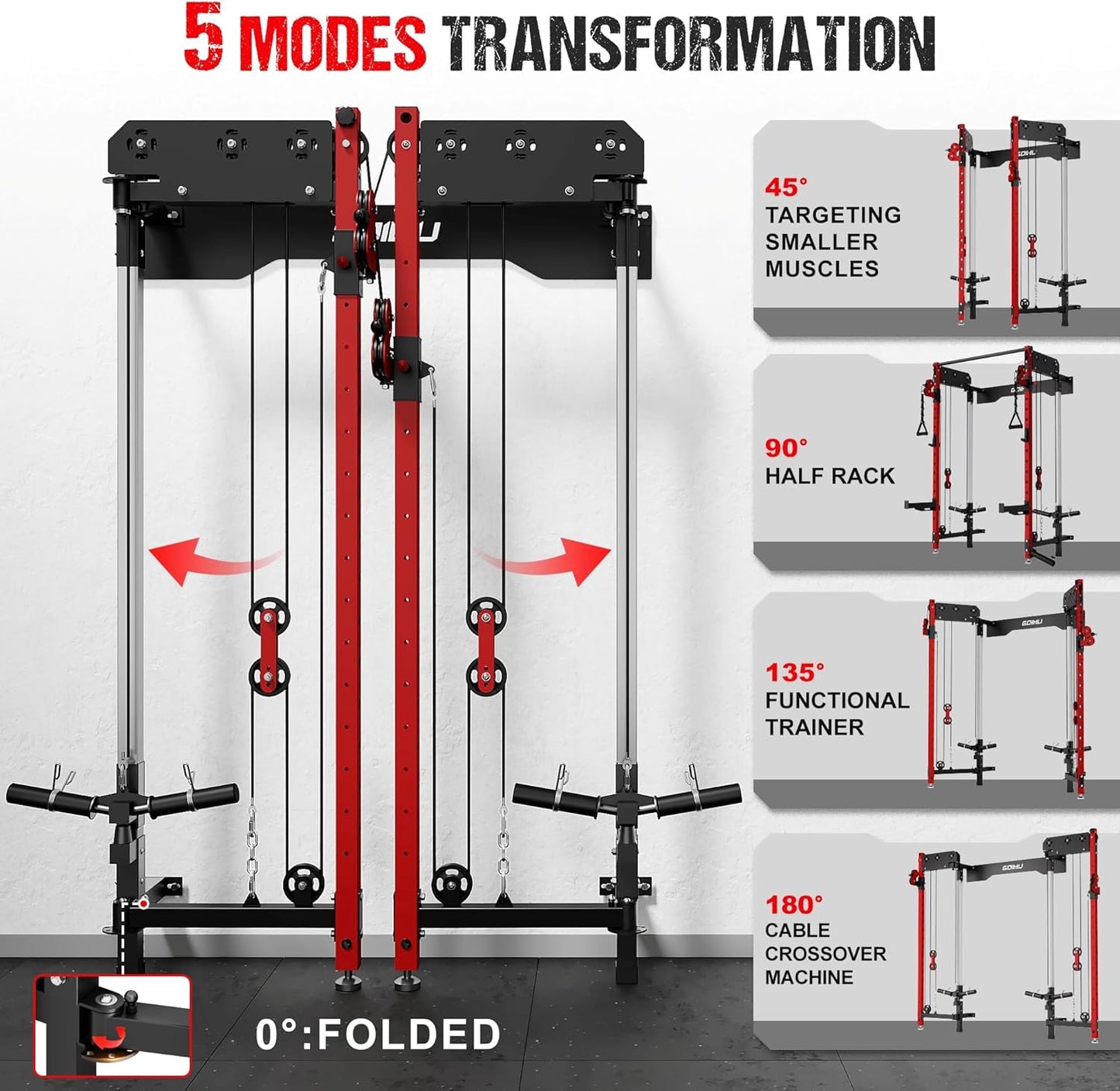 WM3-V4 Folding Squat Rack - Wall Mounted Power Rack with Dual Pulley System & 5 Adjustable Modes