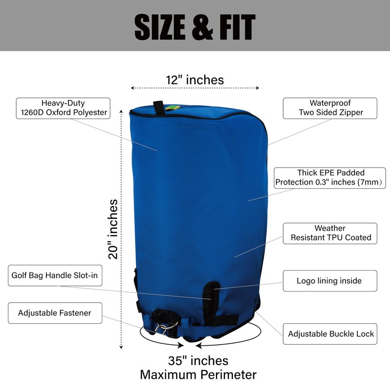 SANDIAN, Blue Color, Golf Bag Rain Hood Cover, Waterproof 1260D Oxford Polyester, 12x20 Inches, Padded Protection, PU Coated, Two Sided Zipper, Adjustable Buckle Lock Fasteners, Snap Button Locking