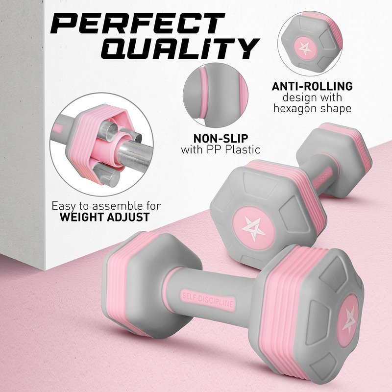 Yes4All Adjustable Dumbbells For Women/Non-Slip & Safe PP Plastic-Coated Dumbbell Sets (Pair) With Easy 3.68-To-5 LBS Weights Change, Anti-Roll Hex Shape, Pleasing & Compact Design For Any Routine