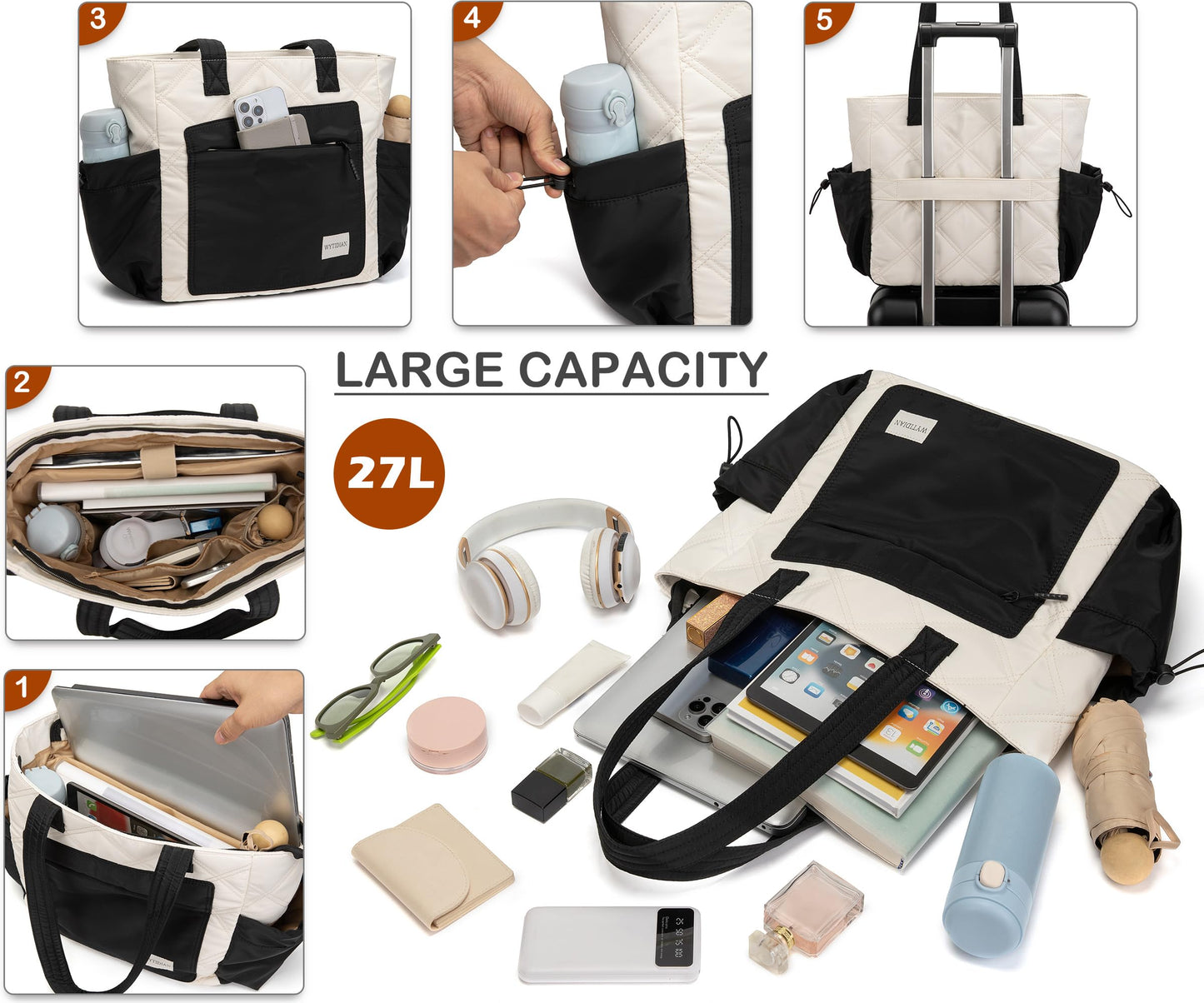 Wytidian 2PCS Women Tote Bag, Puffer Lightweight Shoulder Bags, Quilted Nurse Totes with Zipper for Work, Traveling, College (White-black)