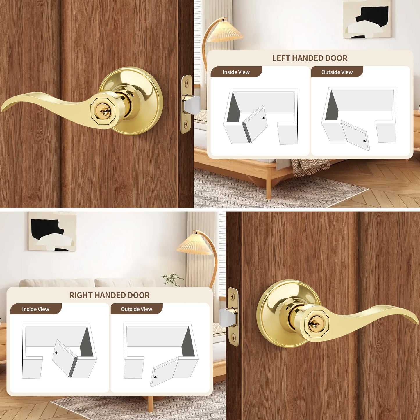 Moquin 5 Pack Wholesale Polished Brass Door Lever, Wave Design Keyed Entry Door Lever with Lock (Keyed-Not-Alike), Reversible Door Handle for Right/Left Side for Front/Entrance Door Lock