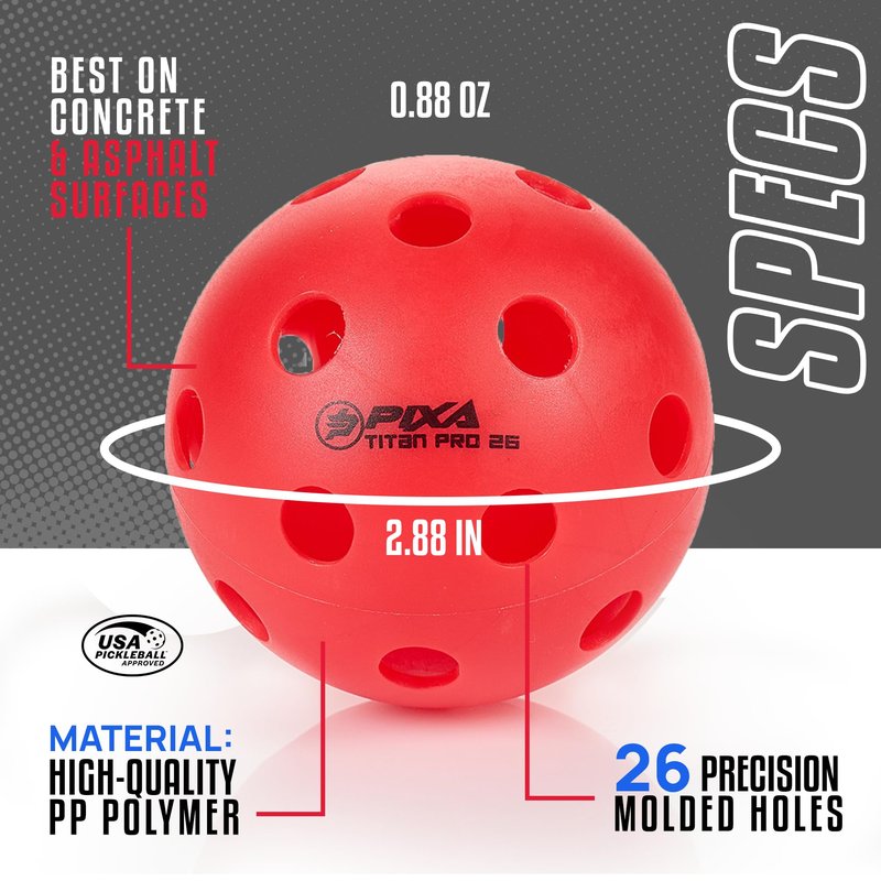 PIXA Titan Pro 26 Injection Molded Indoor Pickleball - USAPA Approved, Tournament Play, Durable Indoor Pickleballs, Consistent Bounce, Smooth Flight, Ideal for Competitive Play- Bright Red, Pack of 6