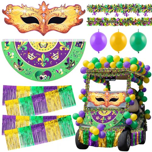 68 Pcs Mardi Gras Golf Cart Parade Float Decoration Kit 60 Pcs Balloons 4 String Wire Garland 2 Banners Mardi Gras Fan Shaped Hanging Flag Cloth Mask with Flag for Golf Cart Accessories